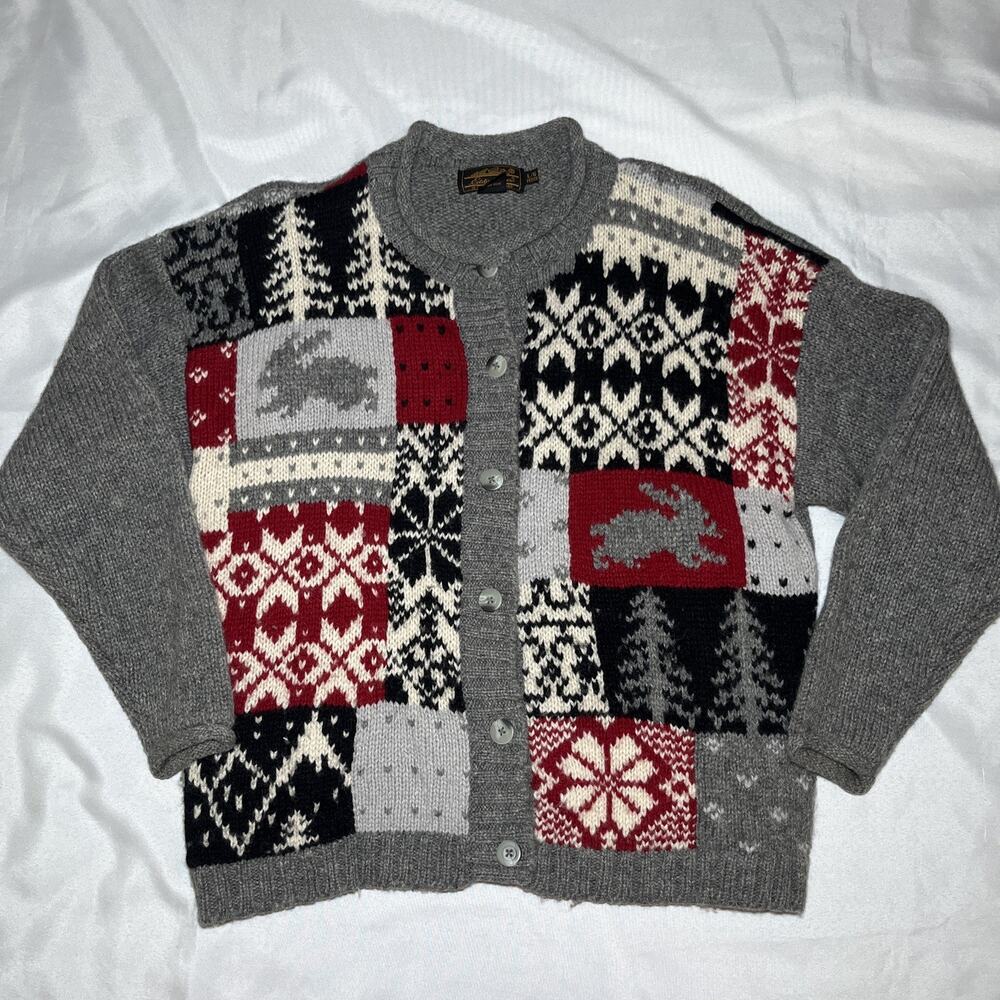 Vtg Eddie Bauer Sweater Women Size‎ LP Petite 100% Wool Cardigan Holiday Gray